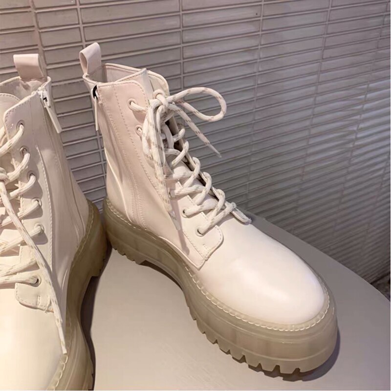 DXFAN punta redonda Creeper Martin botas mujer plataforma de tacón grueso botas de motocicleta mujeres sólidas Zapatos mujer Botines