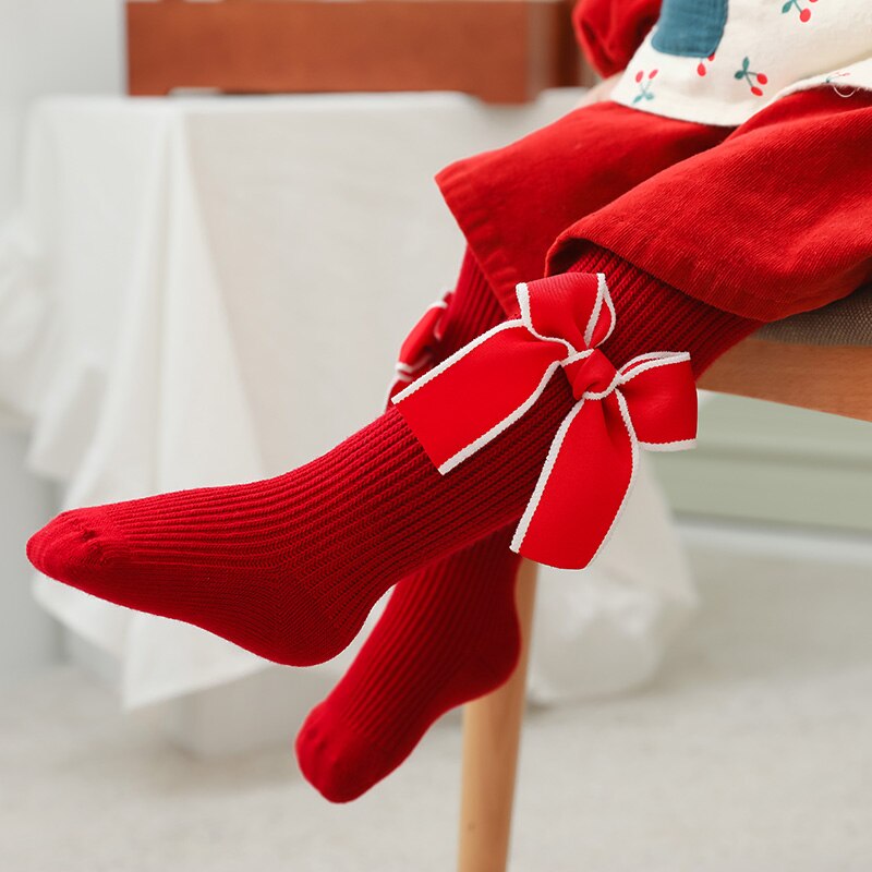 Collants de noël pour bébé fille, bas solide côtelé avec nœud papillon, pour printemps-automne