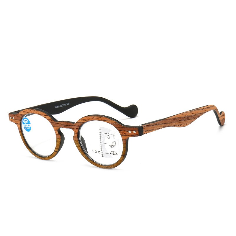 Zilead – lunettes de lecture progressives intelligentes + 1/+ ../+ 3.5, monture ronde en Grain de bois, hypermétropie simple: +150 / Marron