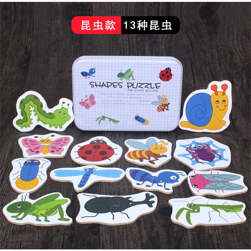 Voertuig/Fruit/Dier Set Paar Puzzel Educatief Baby Speelgoed Ijzeren Doos Zuigeling Vroege Hoofd Start Training Puzzel cognitieve Kaart: insect
