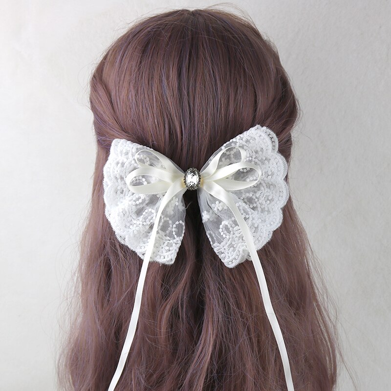 Japanse Lolita Meisje Lange Streamer Haarspeld Prinses Clip Handgemaakte Strik Kant Haar Accessoires Vrouwen Paardestaart Clip: Creamy white