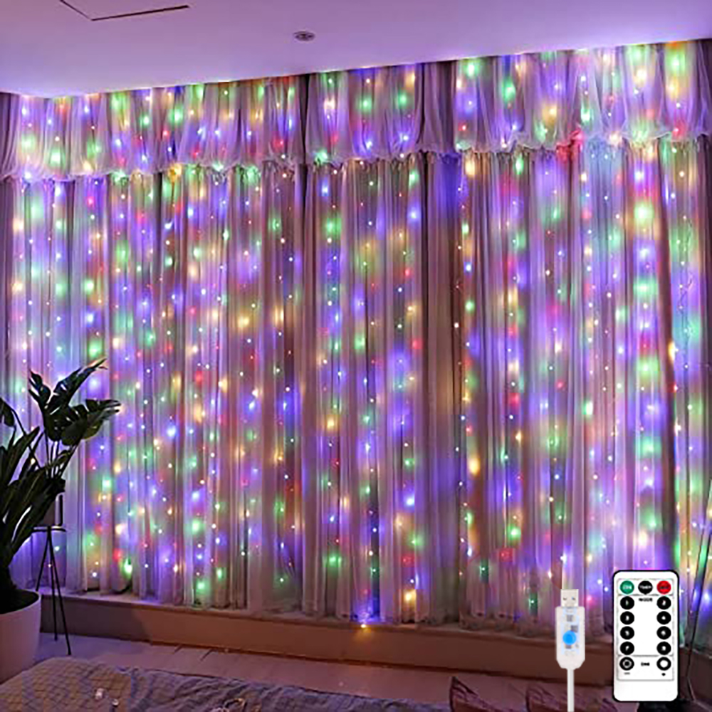 Cortina de luces LED para dormitorio, cadena de hadas USB de 3x3M, guirnalda remota de 8 modos, iluminación decorativa para dormitorio y hogar de boda: RGB / 0-5 W