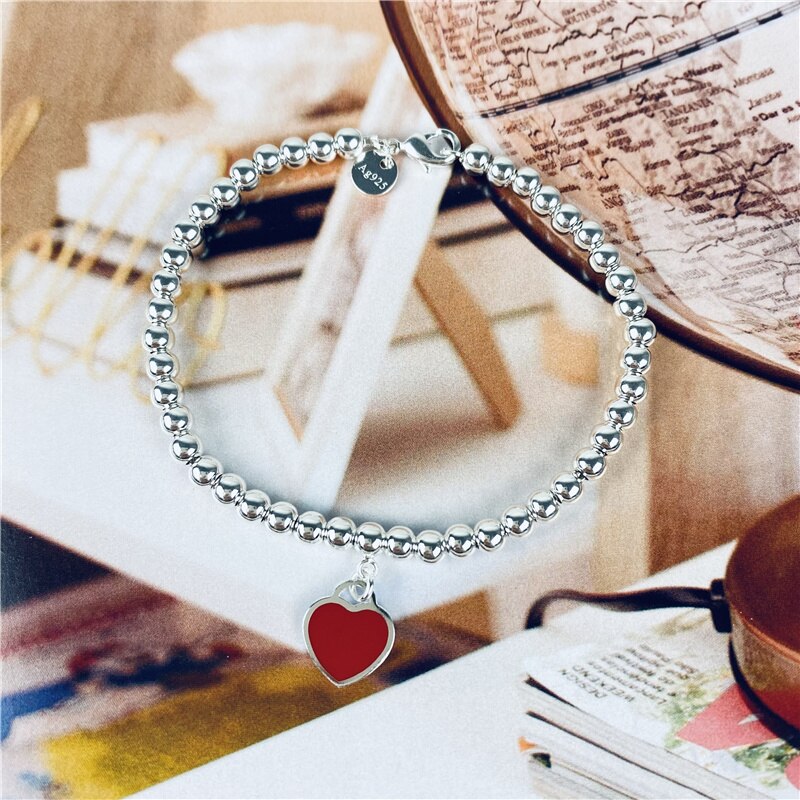 silver 4mm bead pendant bracelet,classic and lady Enamel Love Heart Pendant Valentine's Day: Red / 20cm