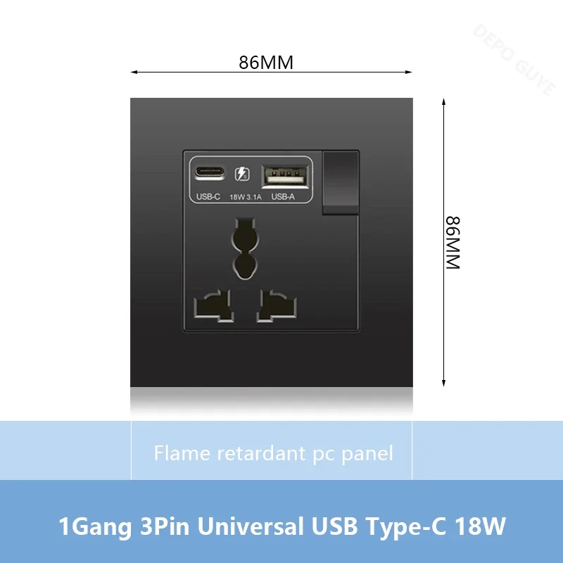 Universal 18W Type-C Plug Quick Charging Dual 3-pin Power Socket 220V,Wall electrical Socket with DC 5V 3.1A Type-c USB Charger: Orange