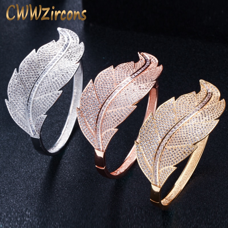 CWWZircons Luxury Brand Women Wedding Jewelry Cubic Zirconia Leaf Shape Big Wide African Dubai Rose Gold Open Bangles BG015