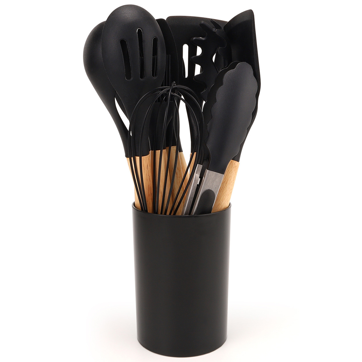 12 Stuks Siliconen Keukengerei Spatel Schop Soeplepel Koken Tool Met Opslag Emmer Non-stick Houten Handvat Keuken gadgets: Light Grey