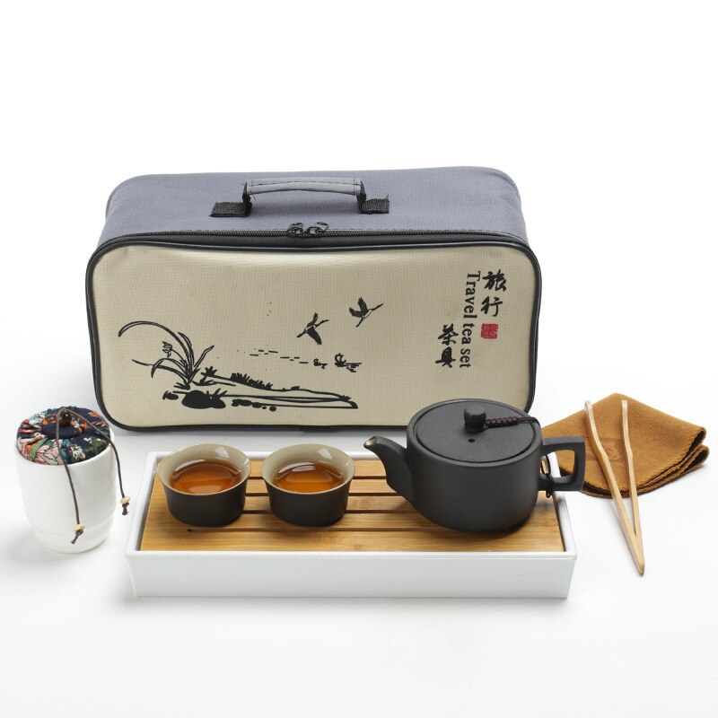 Chinese traditional black pottery traveling tea utensils high-end travel portable hotel tea set tea pot storage tea tray: Black