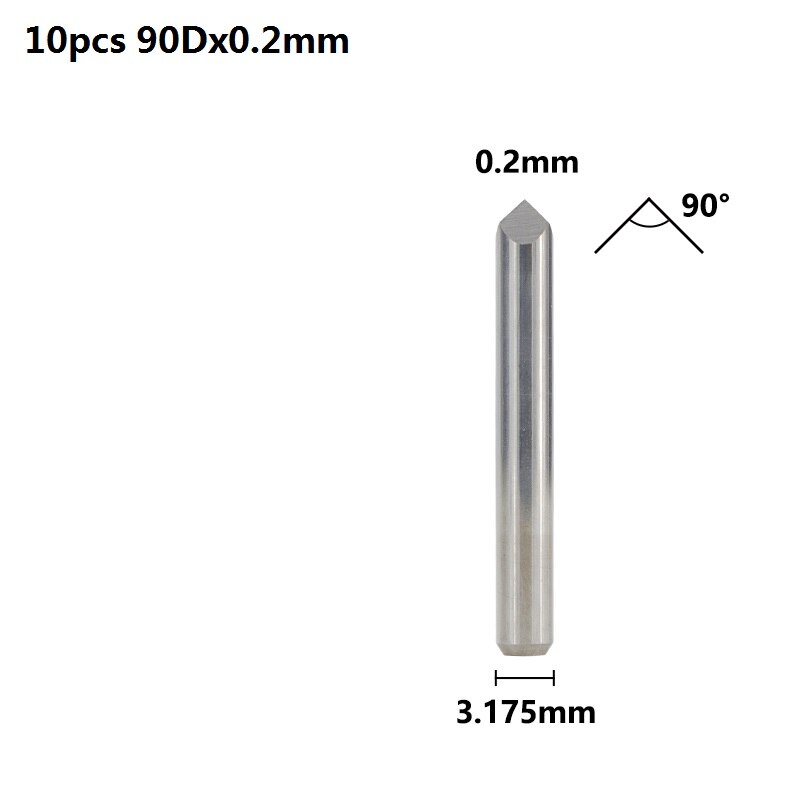 Xcan 3 Rand Piramide Graveren Bits 10 Stuks 20/30/40/45/60/90 Graden Tip 0.1-0.3Mm 3.175Mm Shank Cnc 3D Frees: 10pcs 90Dx0.2mm