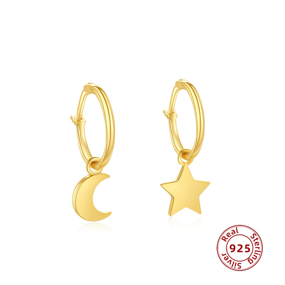 925 Sterling Silver Moon Star Hoop Earrings for Women Gold Color Small Ear Buckle Piercing Huggie Fine Silver Jewelry
