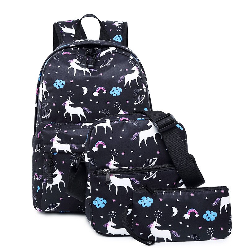 DIOMO unicorn backpack female women school bags set for girl teenagers satchel female animal bagpack kids crossbody bag child: Black