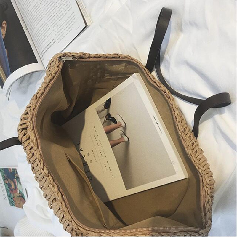 Bolsa de paja para playa para mujer, Vogue, viaje, vacaciones, vacaciones, ocio, tejida a mano, bolso de compras de gran capacidad, bolsos de hombro para mujer