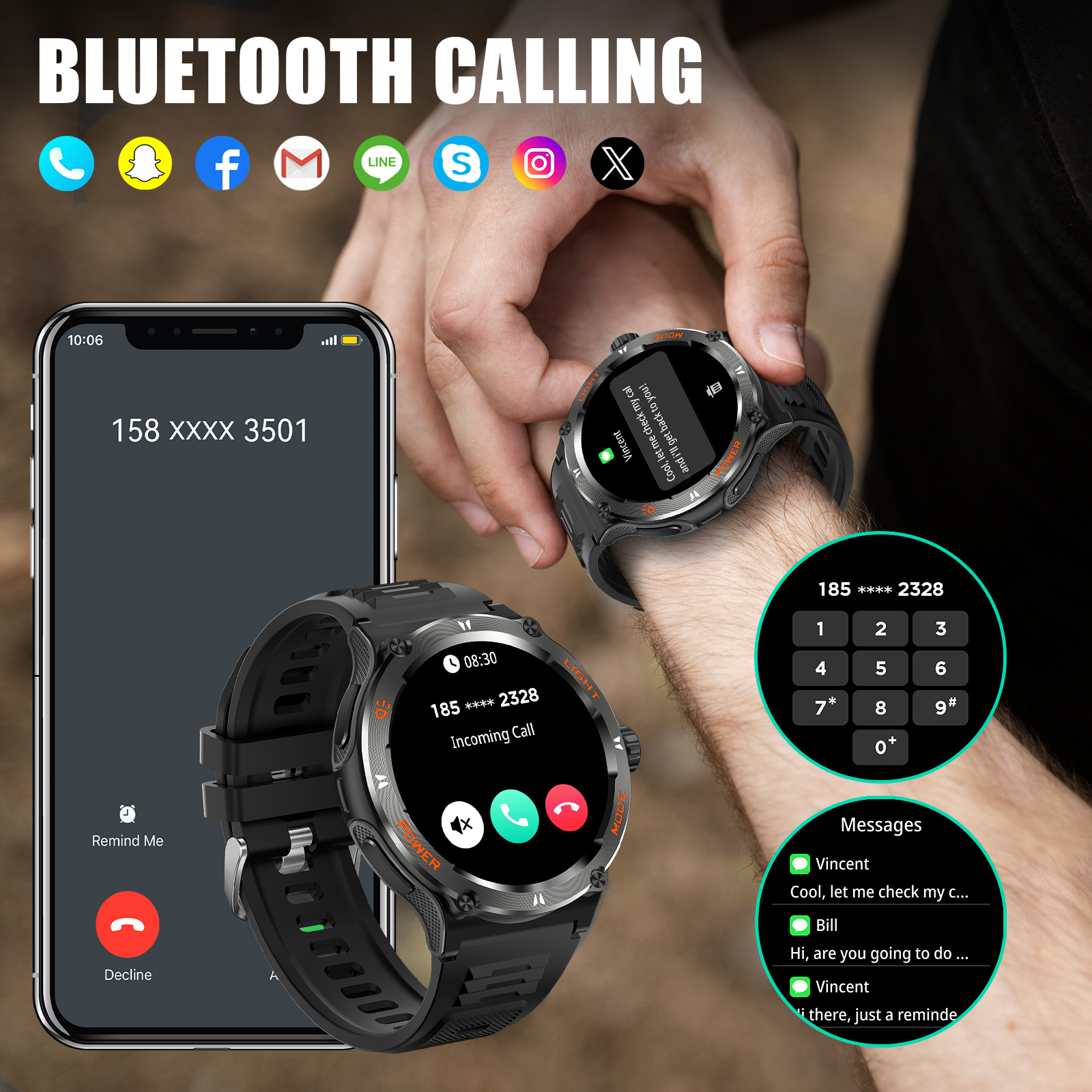 EIGIIS Relógios Inteligentes para Homens com Lanterna LED para Sono Pedômetro de Freqüência Cardíaca Esporte ao Ar Livre Rastreador de Fitness para iPhone Android