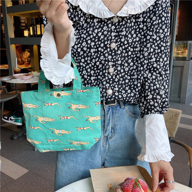 Draagbare Kleine Canvas Schoudertas Voor Vrouwen Eenvoudige Meisjes Student Bento Lunch Tas Snoep Kleuren Doek Winkelen Handtassen Mini Tote: greenswim