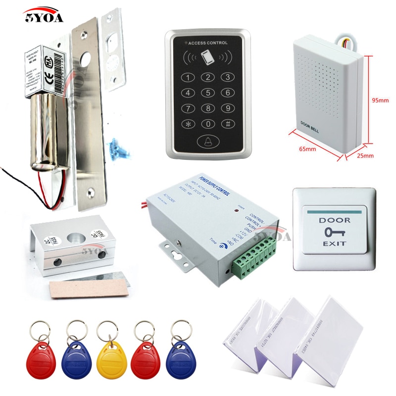 RFID Access Control System Kit Frame Glass Door Set+Electric Bolt Door Lock+ID Card Keytab+Power Supply+Exit Button+DoorBell