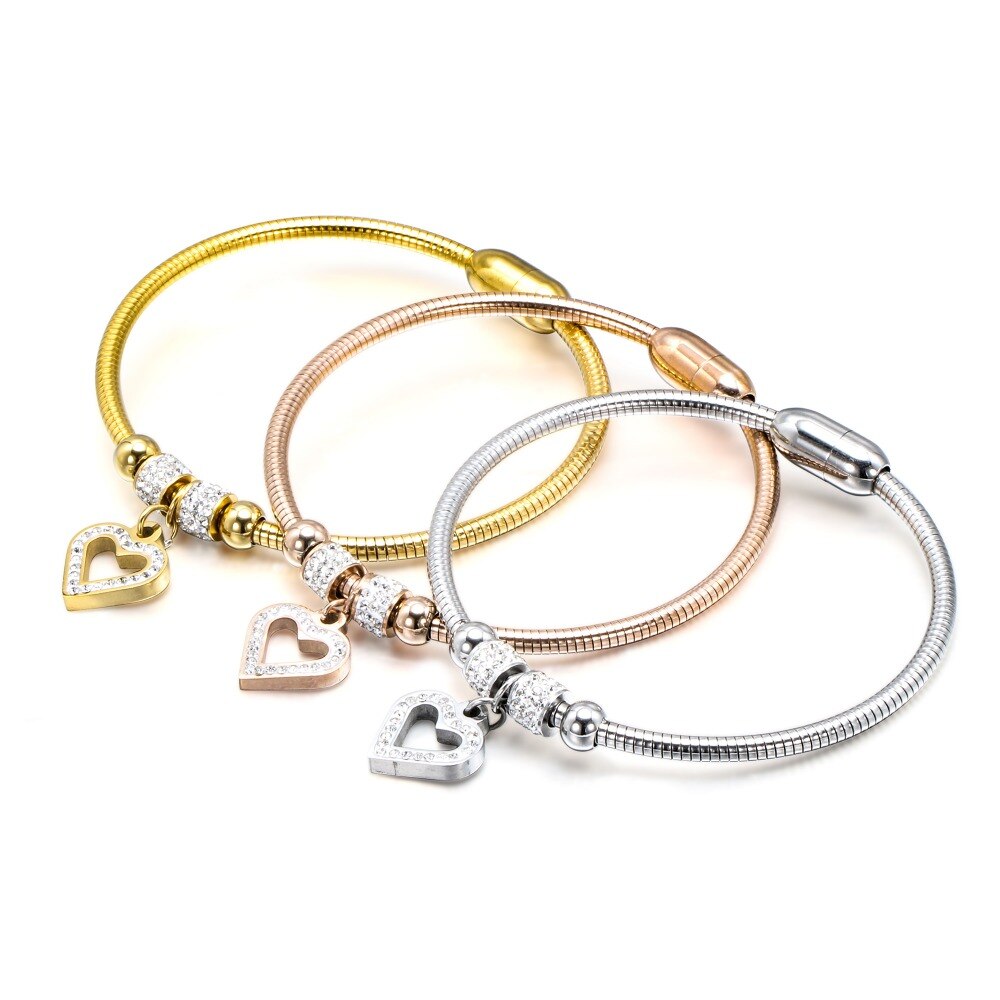 Style Heart Crystal Charm Bracelet Bangles Magnet Clasp With Snake Chain 316L Stainless Steel Women Wedding jewelry
