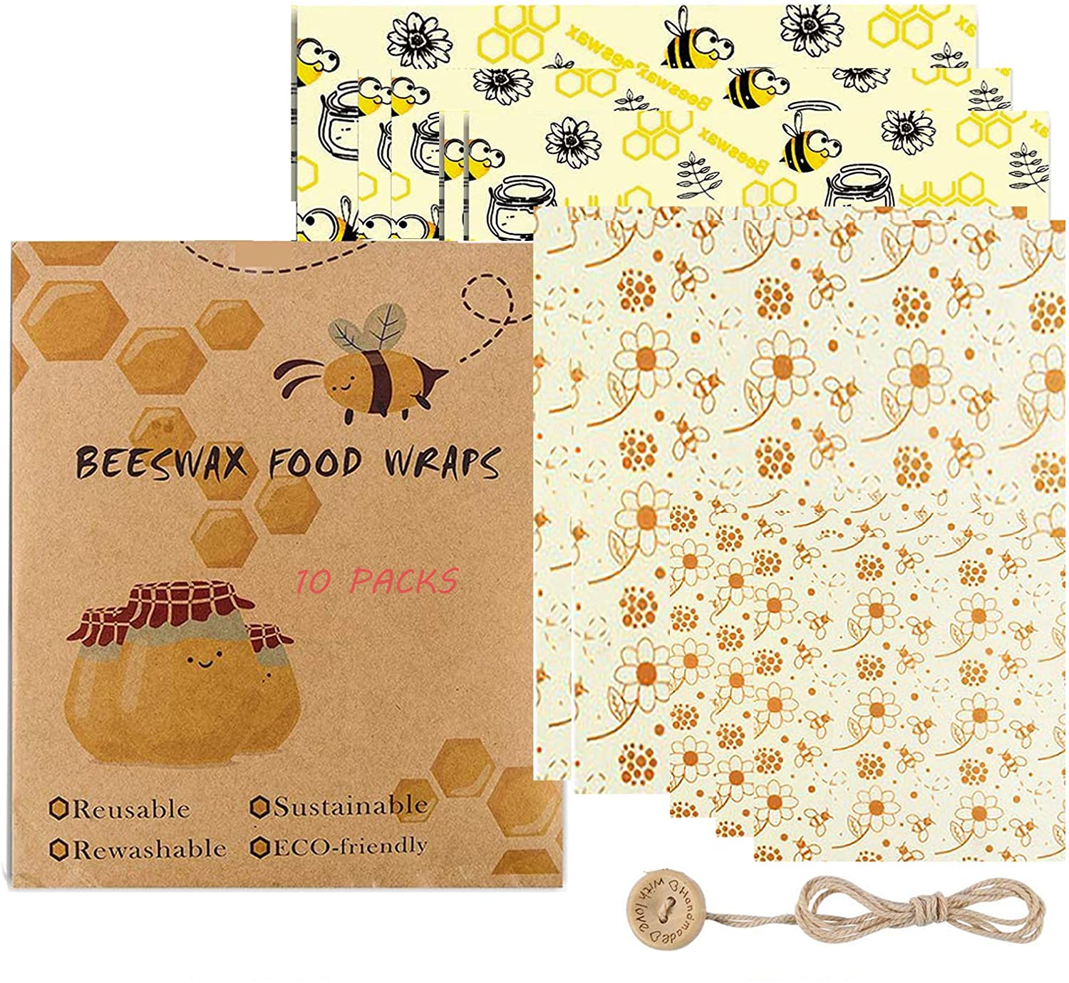 Anjielosmart Reusable Food Wraps Roll custom food wrapping Wrap Eco Friendly Sustainable beeswax wrap for Food Storage: 10pcs Bees Flower