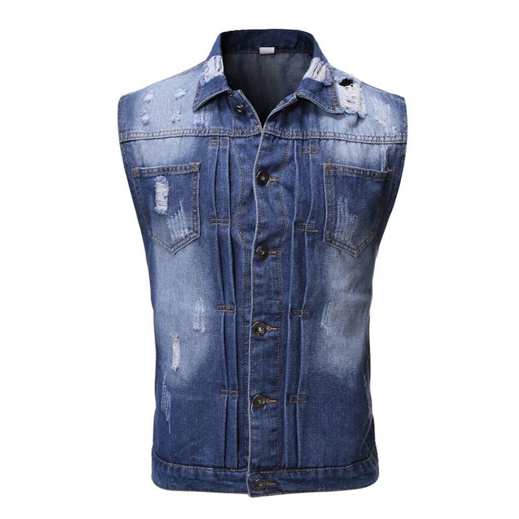 Coton Jeans sans manches veste gilet hommes grande taille noir Denim Jeans gilet mâle Cowboy extérieur gilet hommes veste # G3: Bleu / L