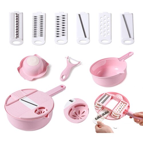 Cortador de verduras para el hogar, herramientas de cocina, rallador de patatas, rebanador de cocina, rallador giratorio de rábano, 12 piezas: 12 pcs Pink