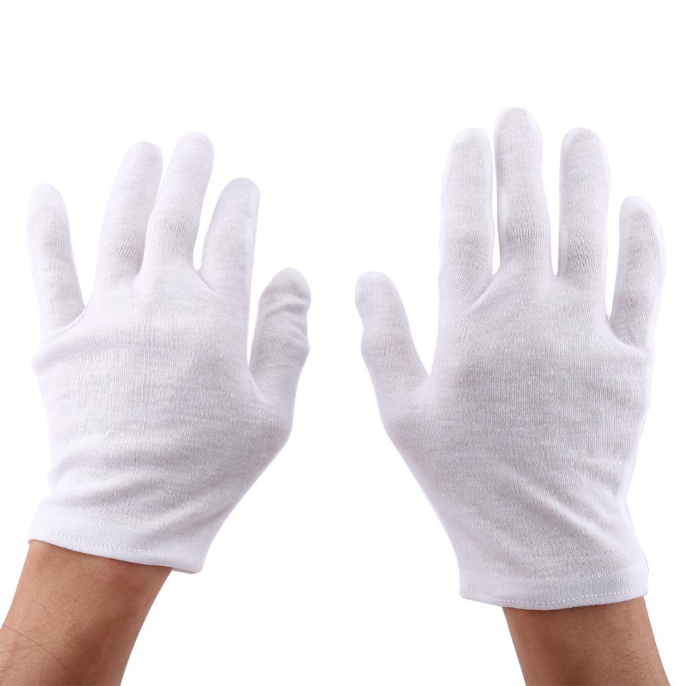 Guantes Blancos de algodón de 12 par/lote, guantes de protección para el trabajo, para la apreciación de la joyería, para la limpieza del hogar, suministro de etiquetas de jardinería