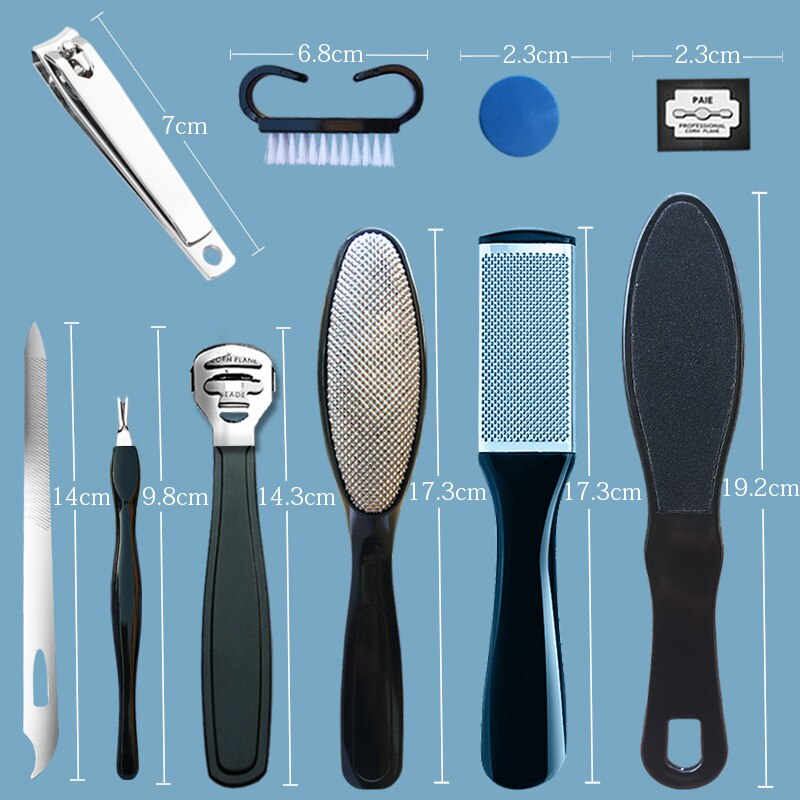 10 In 1 Foot Care Kit Pedicure Tools Set Stainless Steel Foot Rasp Foot Dead Skin Remover Clean Toenail Care Kit: Black 10pcs
