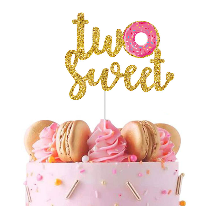 Adorno para tarta de cumpleaños con forma de donut para bebé, primer año, dos dulces decoración para magdalenas