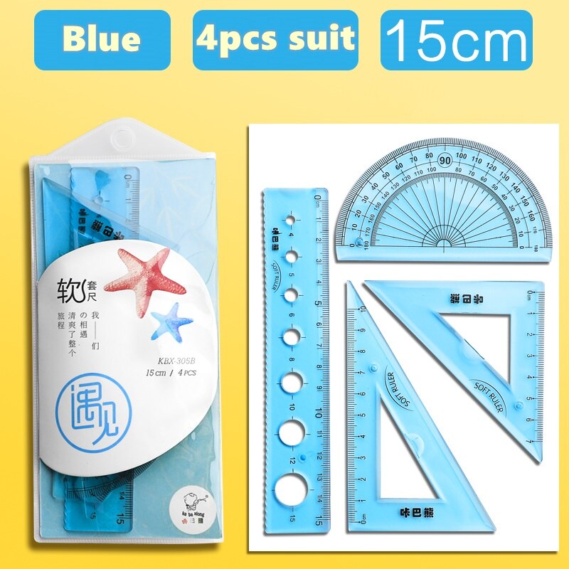 4 sztuk miękka linijka garnitur 15cm 20cm elastyczne wyczyść skala prosto trójkątne linijki kątomierz miara rysunek szkolne A6712: niebieski 15cm