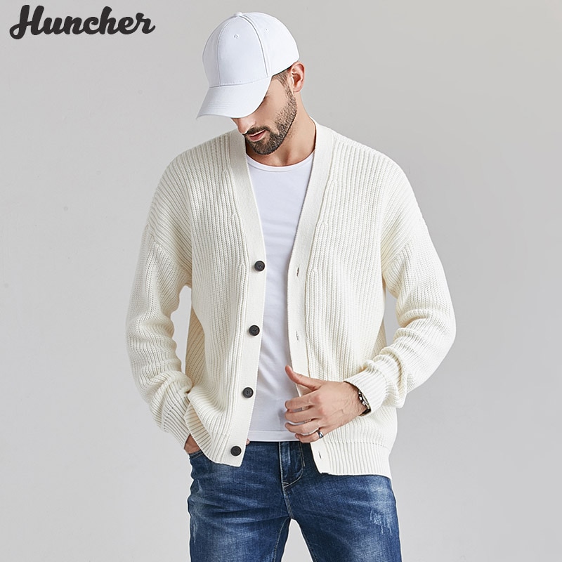 Huncher herr stickad kofta herr höst vinter tröja oversized koreanska solid cardigans vita tröjor för män