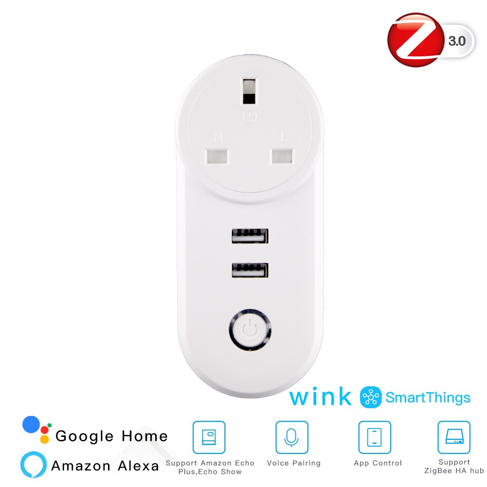 Zigbee 3.0 älykäs pistorasia 2 usb-liitännällä kauko-ääniohjaus toimii smartthings echo plus ja useimmat zigbee hub kanssa: Uk älykäs pistorasia