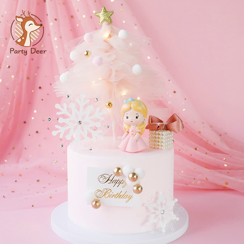 Costume de noël rose en fil d'arbre | Décorations de princesse de neige pour filles, décoration de gâteau, fournitures pour fête d'enfants, pour la pâtisserie, adorables