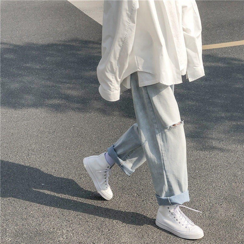 Męskie jeansy dzikie nogawki do kostek cienkie proste workowate spodnie rekreacyjne z dziurami spodnie jeansowe męskie wszystkie mecze stylowe Streetwear