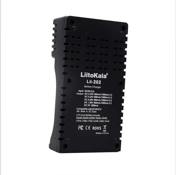 Cargador de batería inteligente USB LiitoKala Lii-202 con función de Banco de energía para litio Ni-MH para 18650 26650 18350 14500 lii202