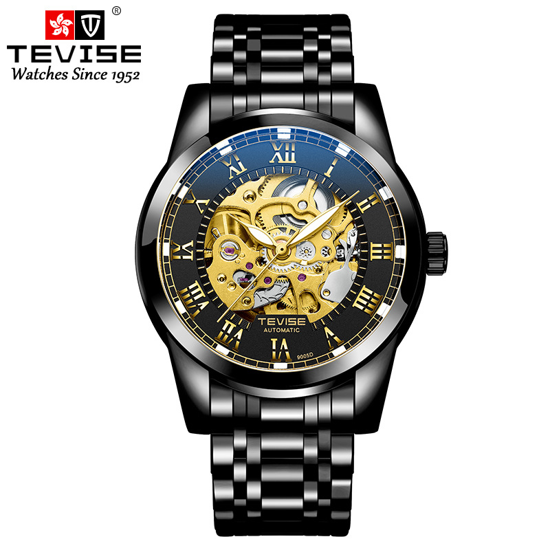 Tevise Horloges Roestvrij Staal Waterdicht Heren Skeleton Horloges Top Luxe Transparante Mechanische Sport Mannelijke Horloges: black