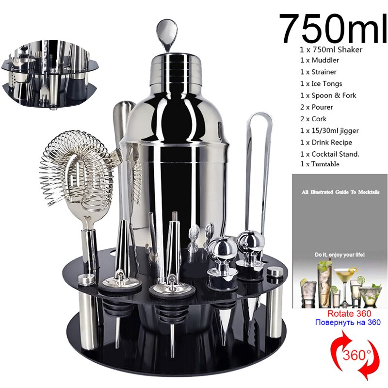 11-Piece 550ml/750ml Cocktail Shaker Bar Set Stainless Steel Bartender Kit Mixer Drink Bars Sets Tool: 11Pcs 750ml R Rack