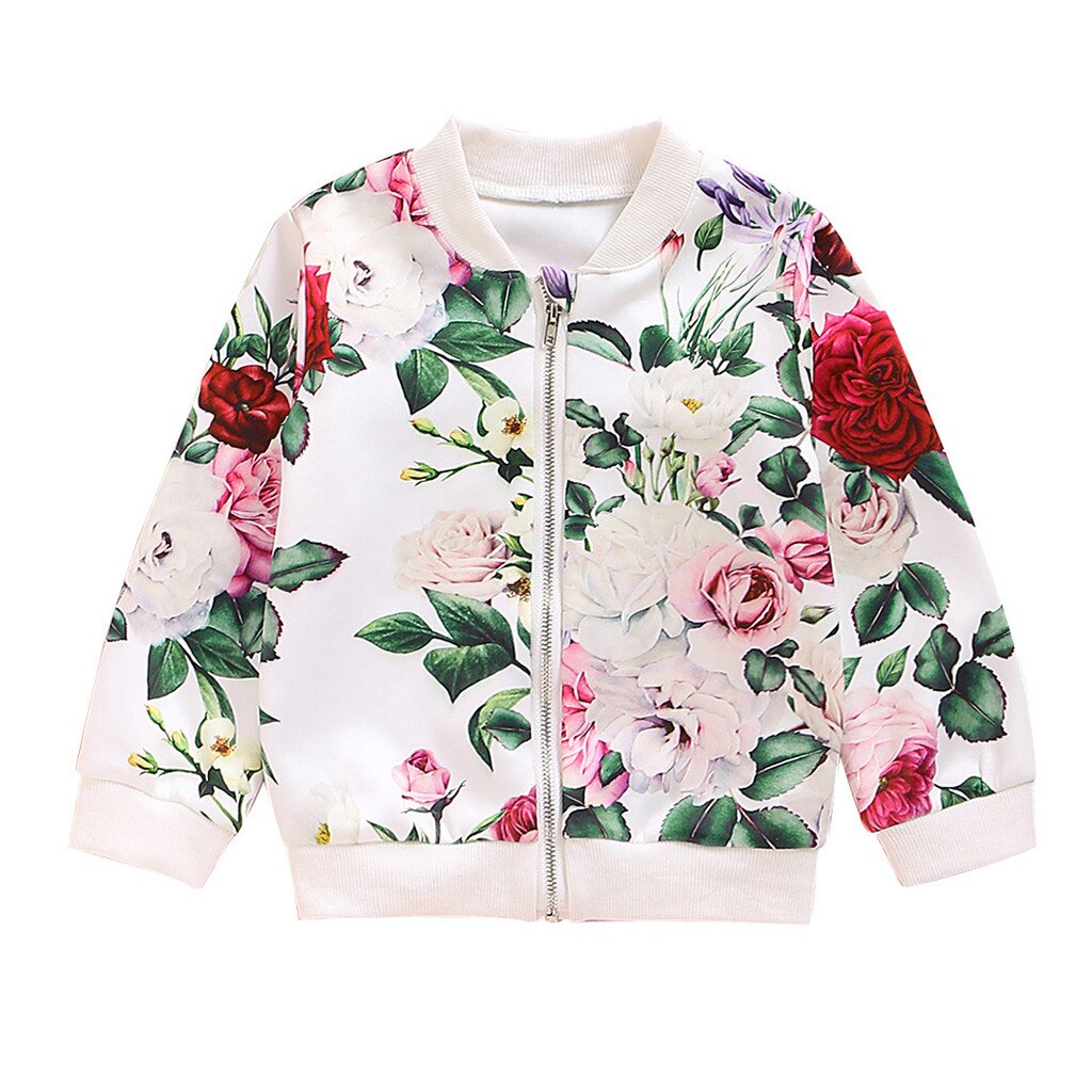 Della Ragazza di modo Giubbotti 2019 Bambini di Fiore di Stampa A Maniche Lunghe Cappotto Della Chiusura Lampo Giacca A Vento Felpe Per Le Ragazze Dei Bambini del Rivestimento di Autunno: D / 6T
