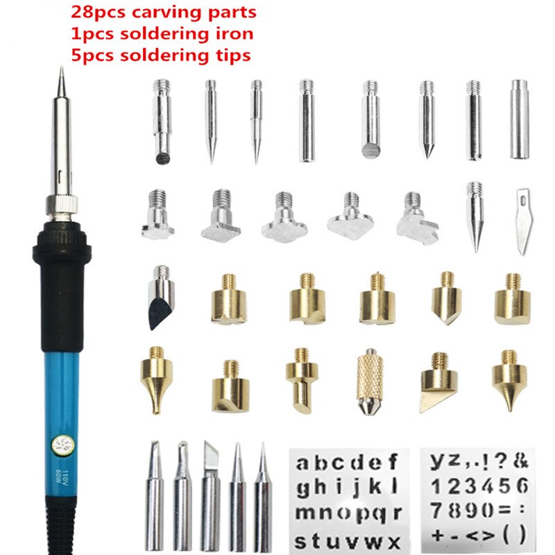 60W Wood Burning Carving Pyrography Pen Kit Adjustable Temperature Soldering Iron Welding Wood Embossing Burning Repair Set: 34 kit