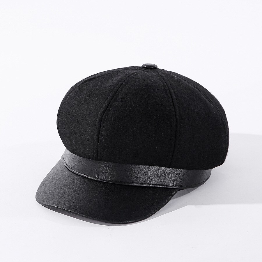 COKK Octagonal Hat Women's Winter Autumn Leather Brim Beret Women Retro British Painter Cap Hats For Women's Cap Gorros: black