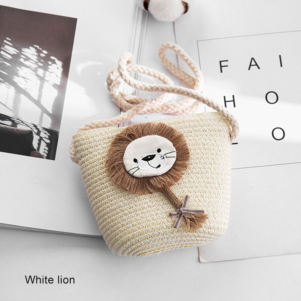 Girls Mini Handbag Handmade Straw Tote Large Capacity Summer Beach Shoulder Bag Party Shopping Best -WT: White  lion