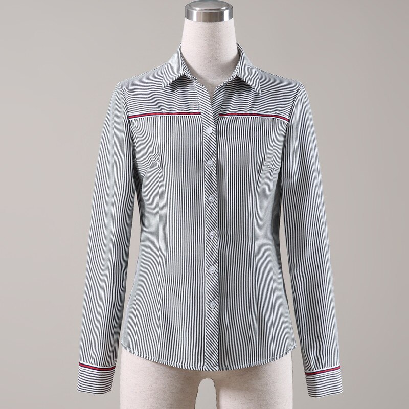 Striped Cotton Shirt Formal Business Slim Long Sleeve Blouse Women Plus Size Tops