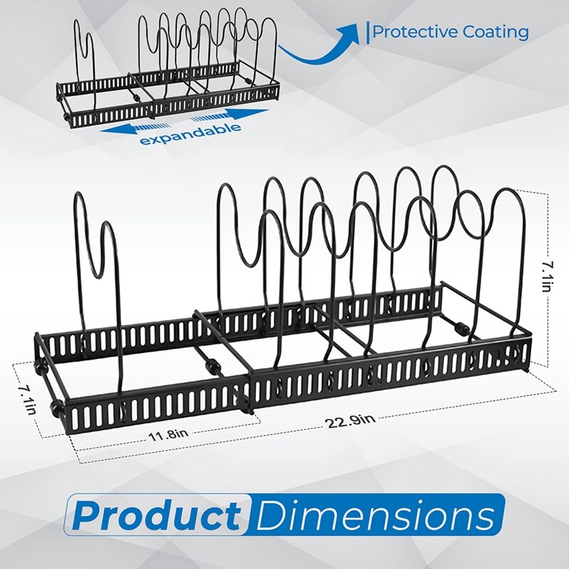 Expandable Pan Rack Organizer,Kitchen Cookware Pantry Cabinet Storage Rack with 7 Expandable and Adjustable Compartments