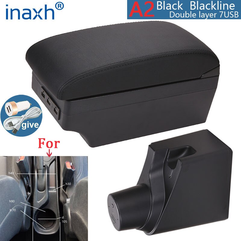 For Toyota Yaris Armrest For Toyota Yaris hybrid Car Armrest box Retrofit parts Interior Storage box USB LED: A2 Black line 7USB