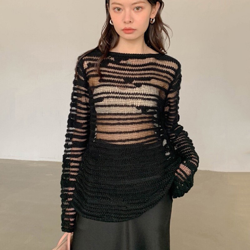 Karrcat gotisk uthulet genser grunge broderi strikket genser mørk estetisk gjennomsiktig genser koreansk streetwear