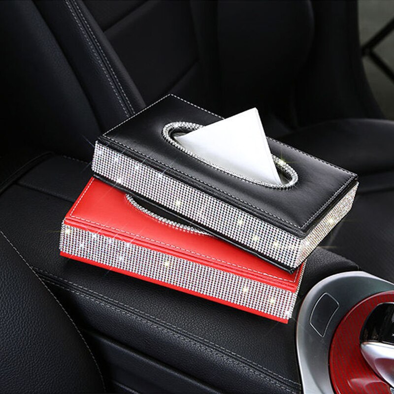 Læder bil tissue box cover serviet holder luksus diamant rhinestone bil assessoires interiør til kvinder piger smukke