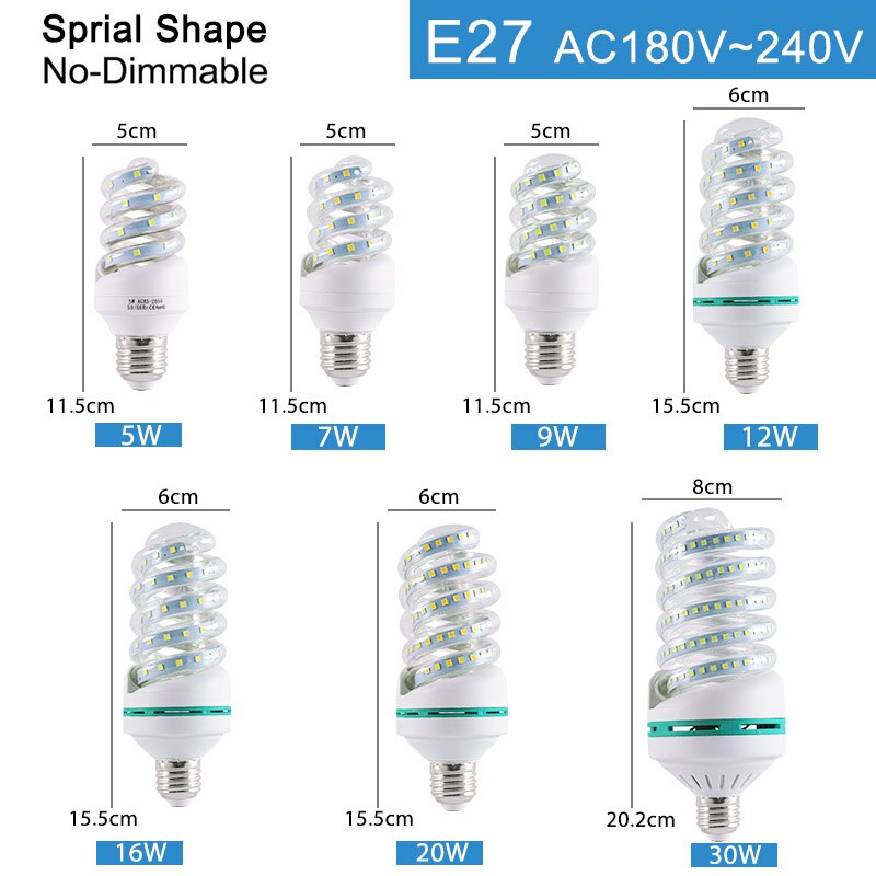 LED Bulb E27 E14 LED Lamp light 20W 16W 12W 9W 5W 2835SMD AC 220V 240V lampara Energy-saving led Corn lamp Table light Bombillas: E27 Spiral Shape / Cold White / 20W
