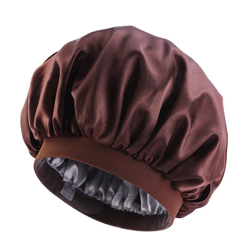 Oversized Double-layer Shower Cap, Stretch Wide-brimmed Satin Night Cap, Turban Cap: Coffee