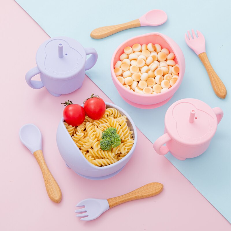 Baby Silicone Bowl Fork Spoon Straw Cup Set Silicone Bowl &amp; Spoon Learning Dishes Tableware Suction Bowl BPA Free Baby Product