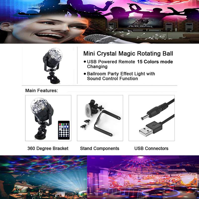 Sound Activated Rotating Disco Ball Party Lights Strobe Light 5W RGB LED Lights For Car Christmas Home KTV Wedding Show