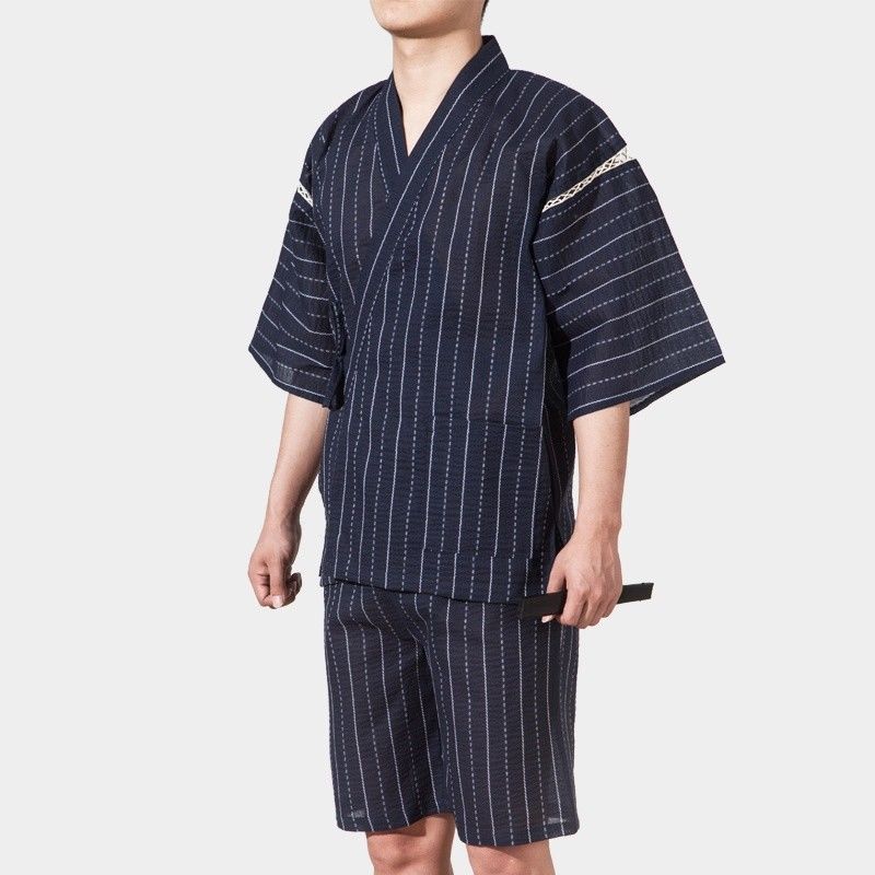 Mannen Japan Stijl Pyjama Sets Yukata Kimono Nachtkleding Half Mouw V-hals Tops Shorts Gestreepte Nachtkleding Pyjama Homme 226-117: Blauw / XL