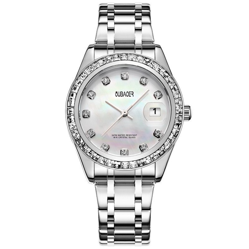 Relogios Femininos Oubaoer Top Luxe Kalender Quartz-Horloge Dames Horloges Vrouwen Rvs Strass Horloges Vrouwen: silver white 093A