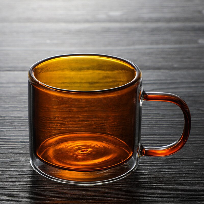 260Ml Double-Layer Glass Insulated Beer Mug Amber Color Coffee Cup Round Juice Cool Drinks Cup wine Glass: Yellow liner
