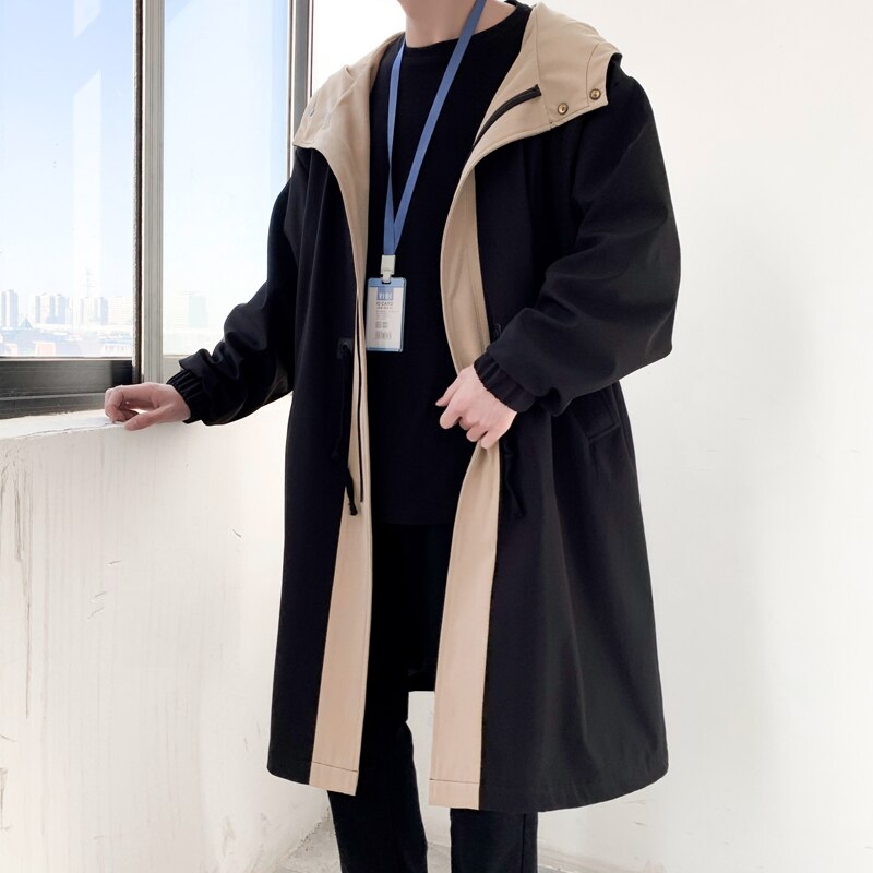 Trenchcoat Heren Mode Overjas Mannen Casual Slim Fit Windbreaker Solid Lange Jas Mannelijke Herfst Homme Zwart/Kaki